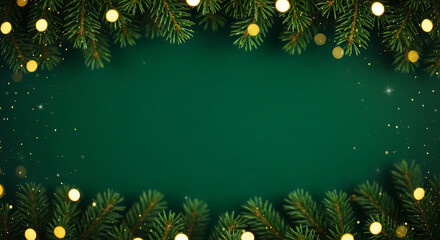 Festive Christmas fir branches with golden bokeh lights and glittering stars frame a deep green background, creating a magical winter holiday template