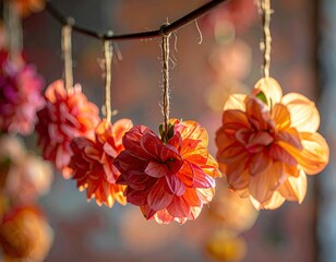Close-up of hanging, vibrant, layered flowers with natural sunlight creating shadows