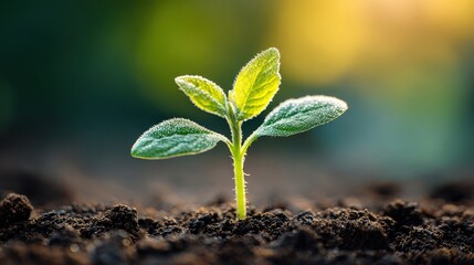 A small green seedling with dew drops emerges from rich soil, symbolizing growth and new beginnings under soft sunlight.
