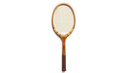 Tennis racket with wooden frame and white strings