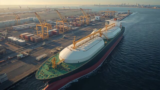 Vessel stabilized at terminal amid cranes and pipeline infrastructure