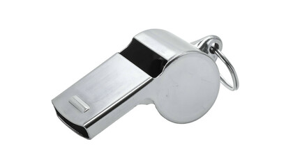 Close-up of a shiny, metallic whistle on a black background, with a ring