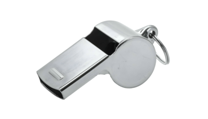 Close-up of a shiny, metallic whistle on a black background, with a ring