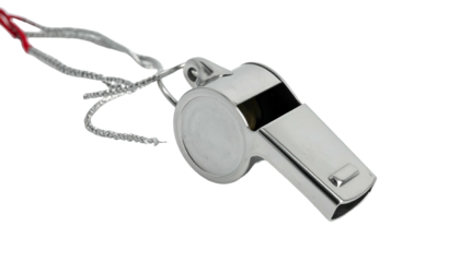Close-up of a silver metal whistle with a red lanyard and a chain against a black background