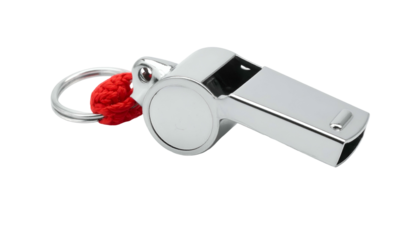 Close-up of a shiny, metallic whistle with a red cord and keyring