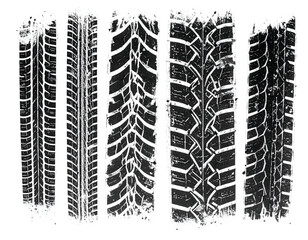 Black and white image of five different tire treads, each with unique patterns