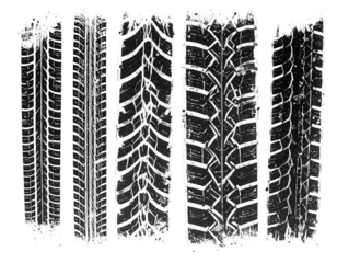 Black and white image of five different tire treads, each with unique patterns