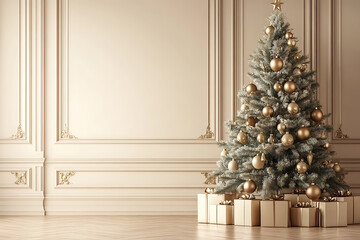 Christmas tree in elegant room decorating for holiday season with golden ornaments and wrapped presents, celebrating festive winter atmosphere