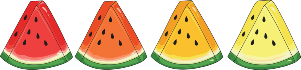 Vector Collection of Four Different Colored Watermelon Slices, Including Red, Orange, and Yellow Varieties, Ideal for Summer, Fruit, and Healthy Food Concepts