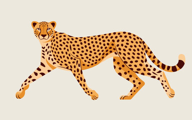 A colorful stylized illustration of a cheetah gracefully walking, showcasing its distinctive spots and agile form, representing speed and elegance in nature.