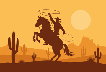 This dramatic silhouette illustration depicts a cowboy on horseback, skillfully wielding a lasso against a stunning sunset backdrop, representing adventure and freedom.