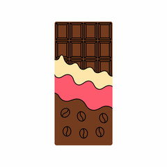 A tempting illustration of a multi-layered chocolate bar, beautifully showcasing different chocolate textures, ideal for indulgence and sweet cravings in a delightful visual format.