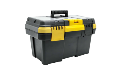 Black and yellow plastic toolbox with a handle and secure clasps