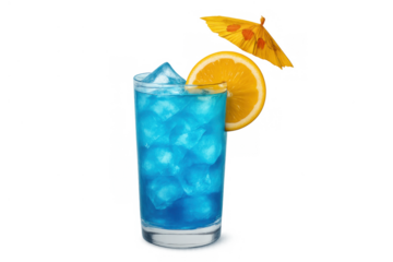 Refreshing blue cocktail with ice cubes, orange slice, and traditional decorative paper umbrella on transparent background