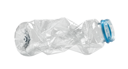 Hyper-detailed macro extreme close-up of a crumpled white pet bottle with a blue collar, isolated on a bright white studio background. Urgent concept of environmental waste and pollution