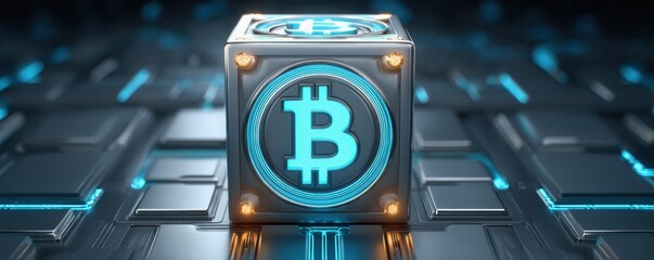 Future Banking Technology Concept. A glowing Bitcoin symbol on a metallic cube, surrounded by a futuristic digital background, representing cryptocurrency and blockchain technology.