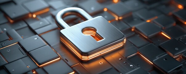 Future Banking Technology Concept. A metallic padlock sits on a dark, textured background with glowing accents, symbolizing security and technology.