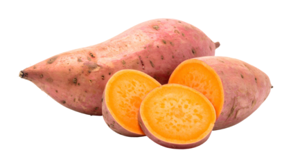 Close-up of sweet potatoes, some whole, others sliced showing bright orange flesh