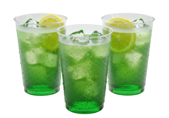 four translucent frosted plastic cups of light emerald iced tea, condensation beads visible, sharp focus, against a stark white high-key studio background. concept for beverage advertising