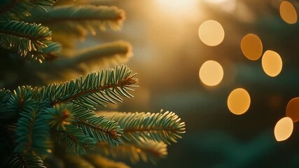 Closeup of a snowcovered evergreen branch with sunlight filtering through the trees in the background - Powered by Adobe