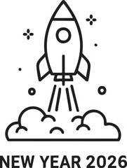 New Year 2026 Rocket Silhouette &ndash; Black Line Vector Illustration with Stars, Smoke, and Festive Typography