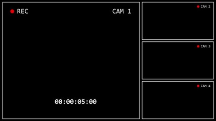 CCTV monitor dashboard video featuring a multi camera surveillance interface with CAM 1, CAM 2, CAM 3, and CAM 4 recording views. CCTV Dashboard Overlay. Multi camera recording dashboard overlay.