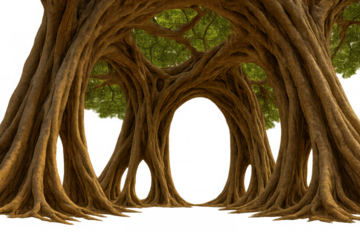 Ancient banyan tree roots forming a natural fantasy archway portal on transparent background, mystical forest gateway