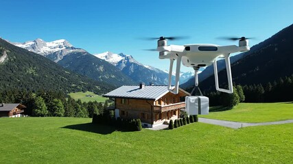 Future drone package delivery service flying over european alpine house