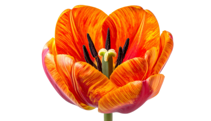 Close-up of a vibrantly colored tulip flower with detailed petals and dark center