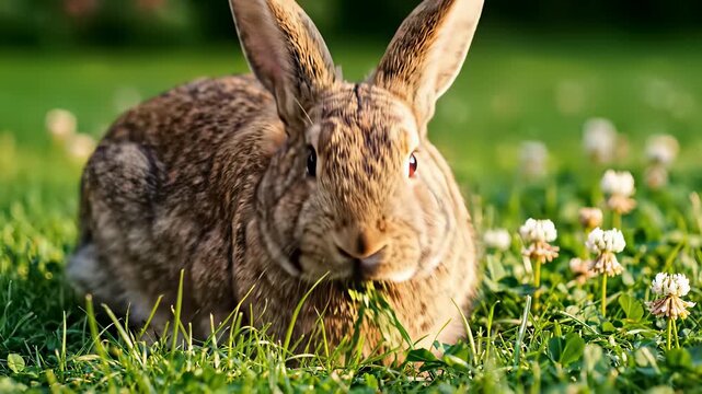 A peaceful rabbit enjoys a serene afternoon amidst lush greenery, embodying the concept of serenity and simplicity, ideal for commercial uses such as wellness or outdoor adventure campaigns.