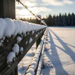 Fototapeta premium Golden hour light illuminates a snow-dusted wooden fence and vast winter landscape