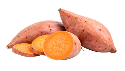 Close-up of whole and sliced orange-fleshed sweet potatoes isolated on black background