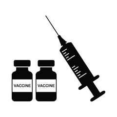 Black silhouette of a syringe and two vaccine vials