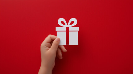 Child's hand holding a white gift cut-out on red background