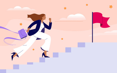 A dynamic illustration of a professional woman wearing a business suit, energetically running up a staircase towards a flag, symbolizing determination and ambition in achieving goals.