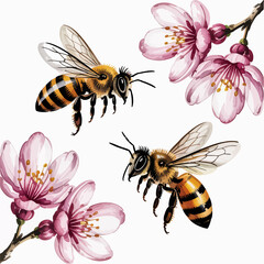 This image portrays two bees gracefully hovering around vibrant pink cherry blossoms, embodying the spirit of spring and the essential role of pollinators in nature.