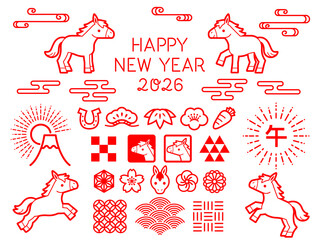 午年の赤い線画スタンプとアイコンセット