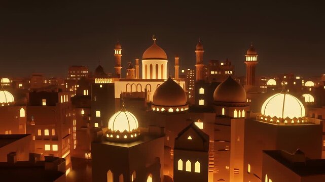 An illuminated city skyline at night, showcasing majestic mosques and glowing traditional buildings, evoking a serene spiritual atmosphere and rich cultural heritage