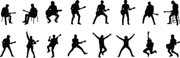 Mega Musician Silhouette Vector Set, Featuring Various Dynamic Guitar Player Poses Capturing Rock-and-Roll Energy, Live Performance, Music, and Entertainment Culture.