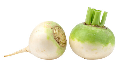 Two fresh turnips, one with a tail, showing white flesh, green tops, on a dark background
