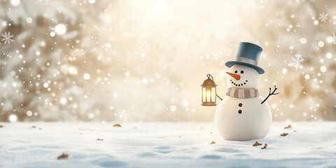 Obraz premium Snowman with Vintage Lantern in a Snowy Winter Landscape