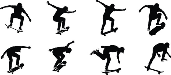 Mega Skateboarder Silhouette Vector Pack, Featuring Various Dynamic Action Poses Capturing Extreme Sports, Youth Culture, Urban Energy, and Modern Skate Style.