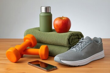 Healthy lifestyle essentials including dumbbells apple water bottle shoe and phone