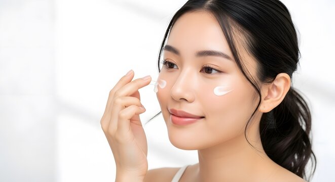 Young Asian woman applying face cream for skincare routine