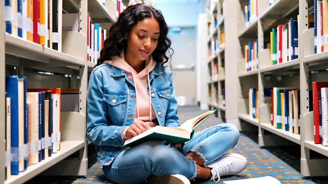 Young student sits cross legged on library floor reading book between tall shelves of knowledge