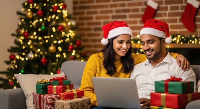 Happy Indian couple browsing laptop for Christmas gifts at home. - Powered by Adobe