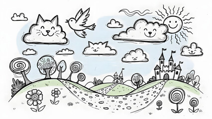 Whimsical landscape illustration with smiling cloud animals a castle and a happy sun perfect for childrens books and creative