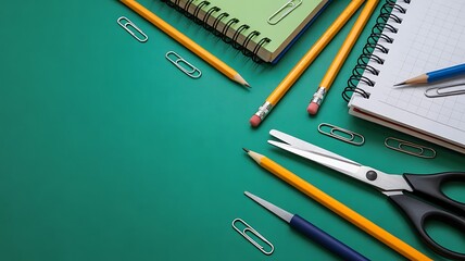 Colorful school supplies and stationery organized on a desk, perfect for back-to-school themes.