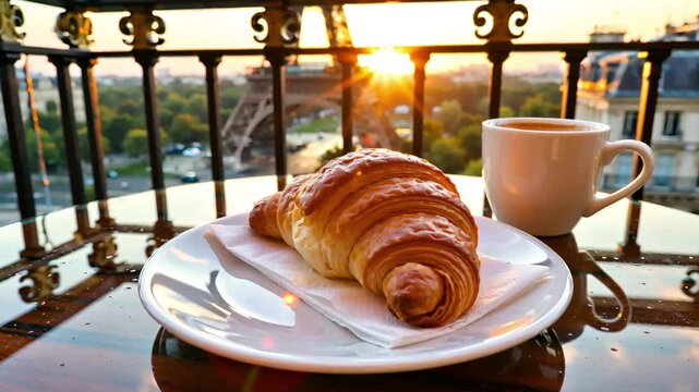 Croissant and coffee on a reflective table with Eiffel Tower view at sunrise