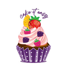 Sweet and vibrant fruit-topped cupcake with creamy pink frosting, nestled in a decorative purple wrapper, symbolizing a delightful and easygoing indulgence